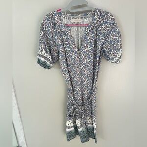 LOFT Blue and Green Floral V-Neck Dress